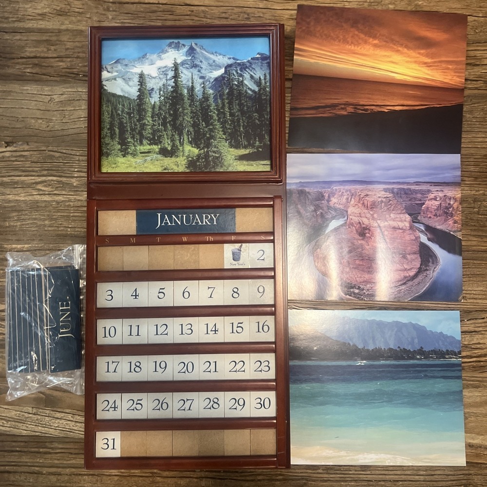 VTG Perpetual Calendar Dark Wood 4 Scenes Complete Wall Hanging